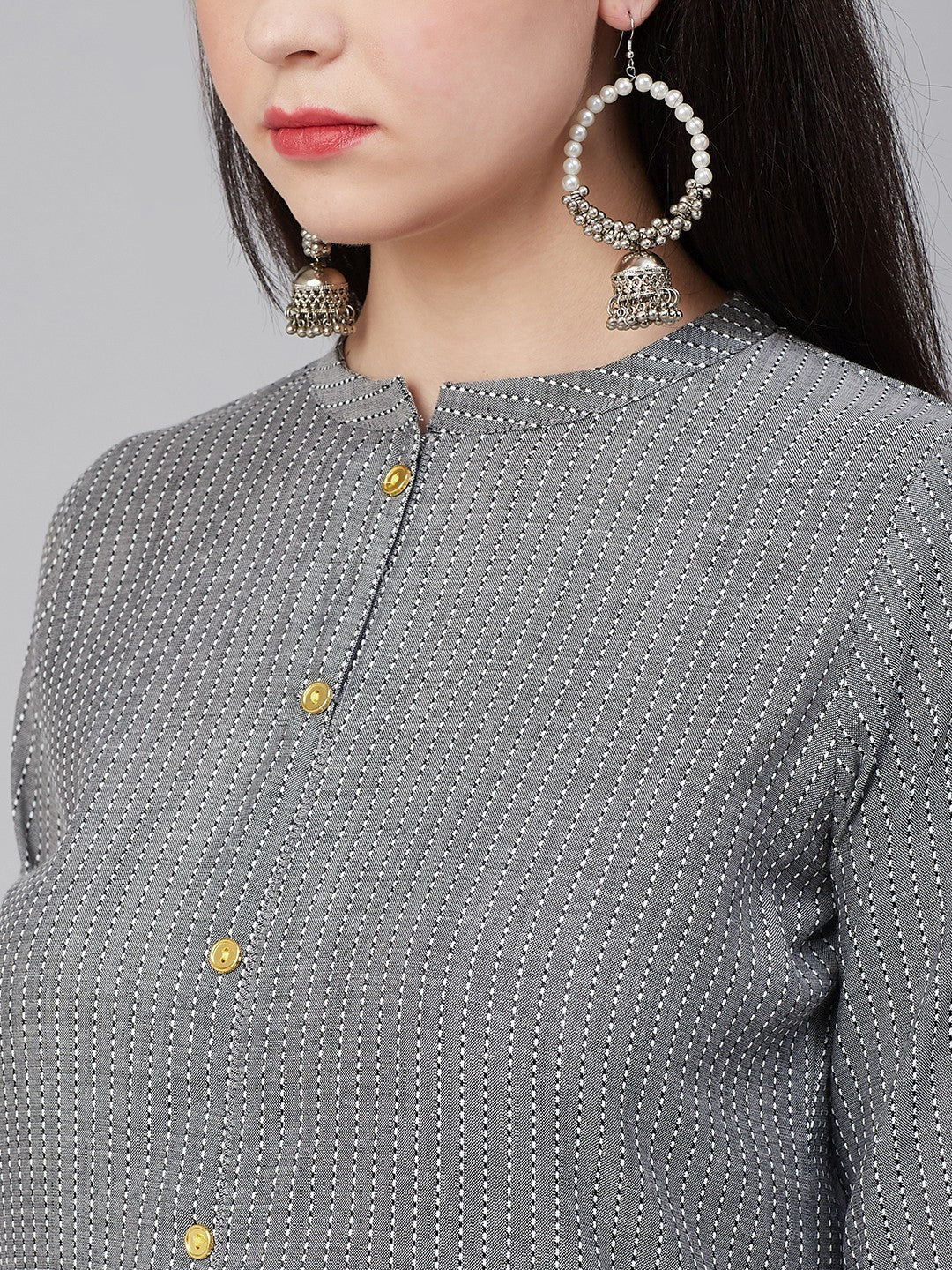 Women's Â Charcoal Striped Thread Work Kurta
