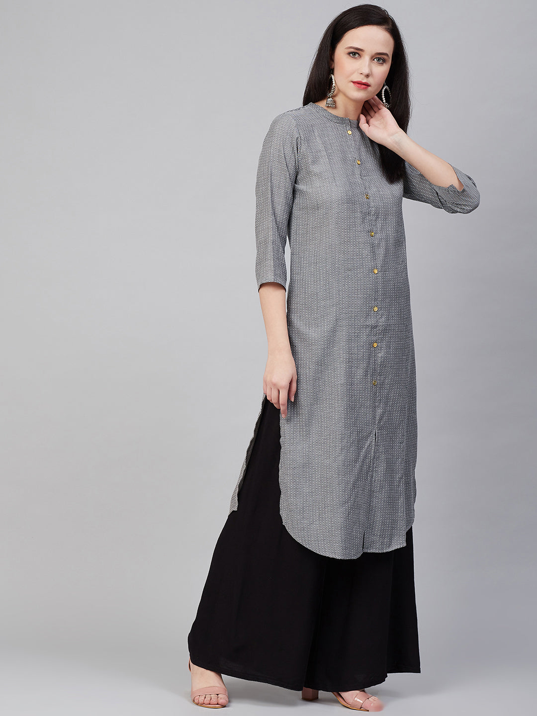 Women's Â Charcoal Striped Thread Work Kurta