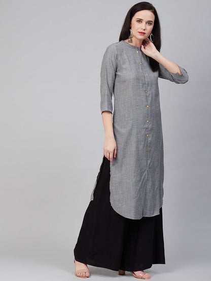 Women's Â Charcoal Striped Thread Work Kurta