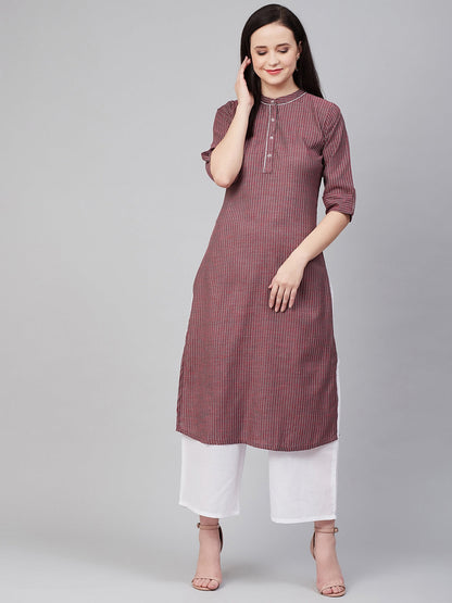 Women's Maroon Striped Thread Work Kurta