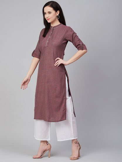 Women's Maroon Striped Thread Work Kurta