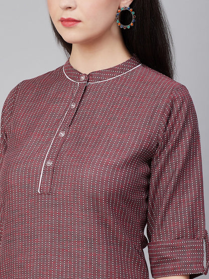 Women's Maroon Striped Thread Work Kurta