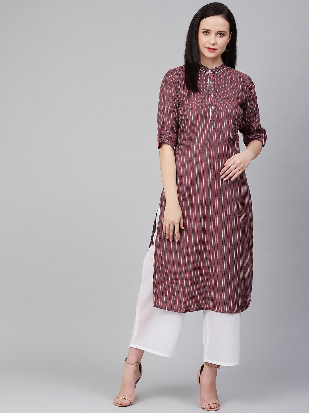 Women's Maroon Striped Thread Work Kurta