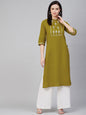 Women's Olive Green And Silver-Toned Embellished Kurta