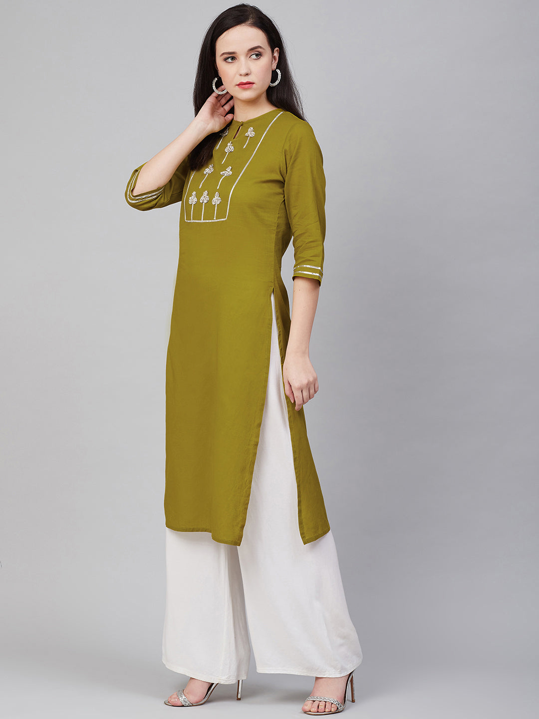 Women's Olive Green And Silver-Toned Embellished Kurta