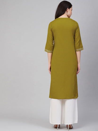 Women's Olive Green And Silver-Toned Embellished Kurta