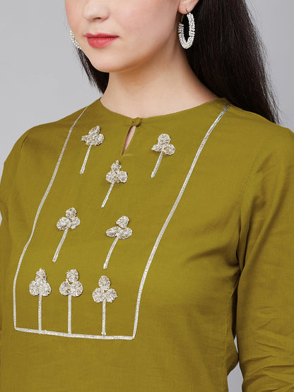 Women's Olive Green And Silver-Toned Embellished Kurta