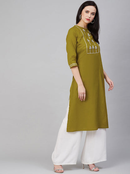Women's Olive Green And Silver-Toned Embellished Kurta