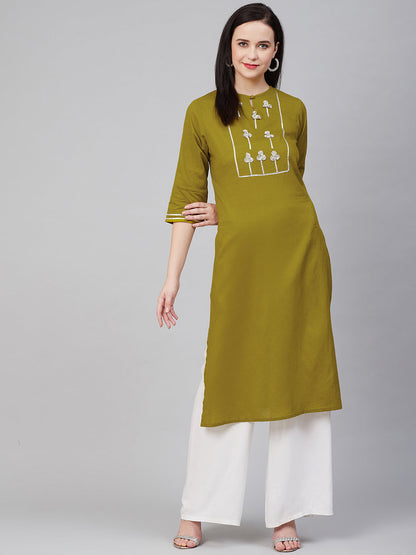 Women's Olive Green And Silver-Toned Embellished Kurta