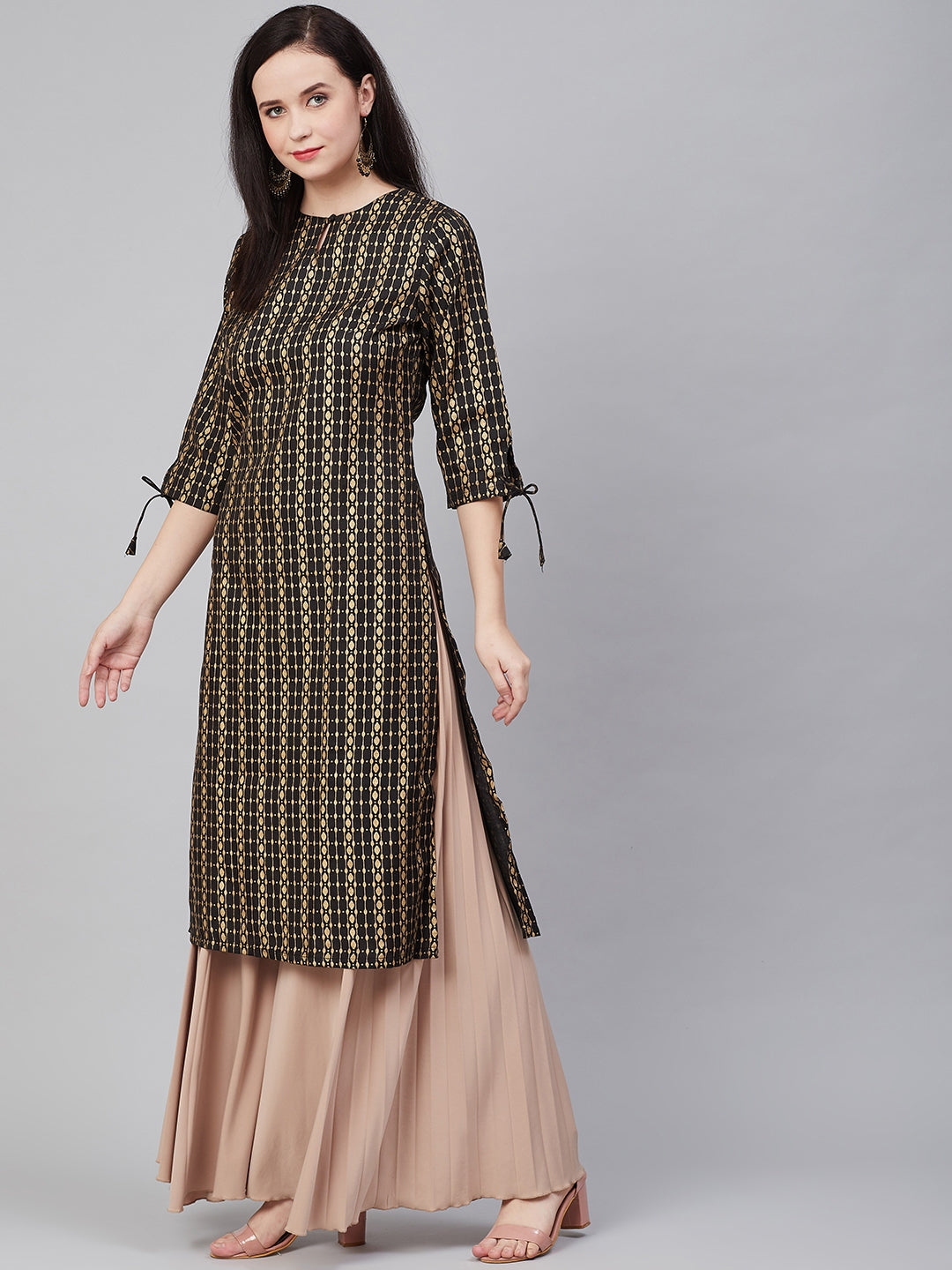 Women's Black & Golden Block Print Straight Kurta