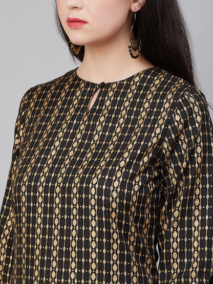 Women's Black & Golden Block Print Straight Kurta