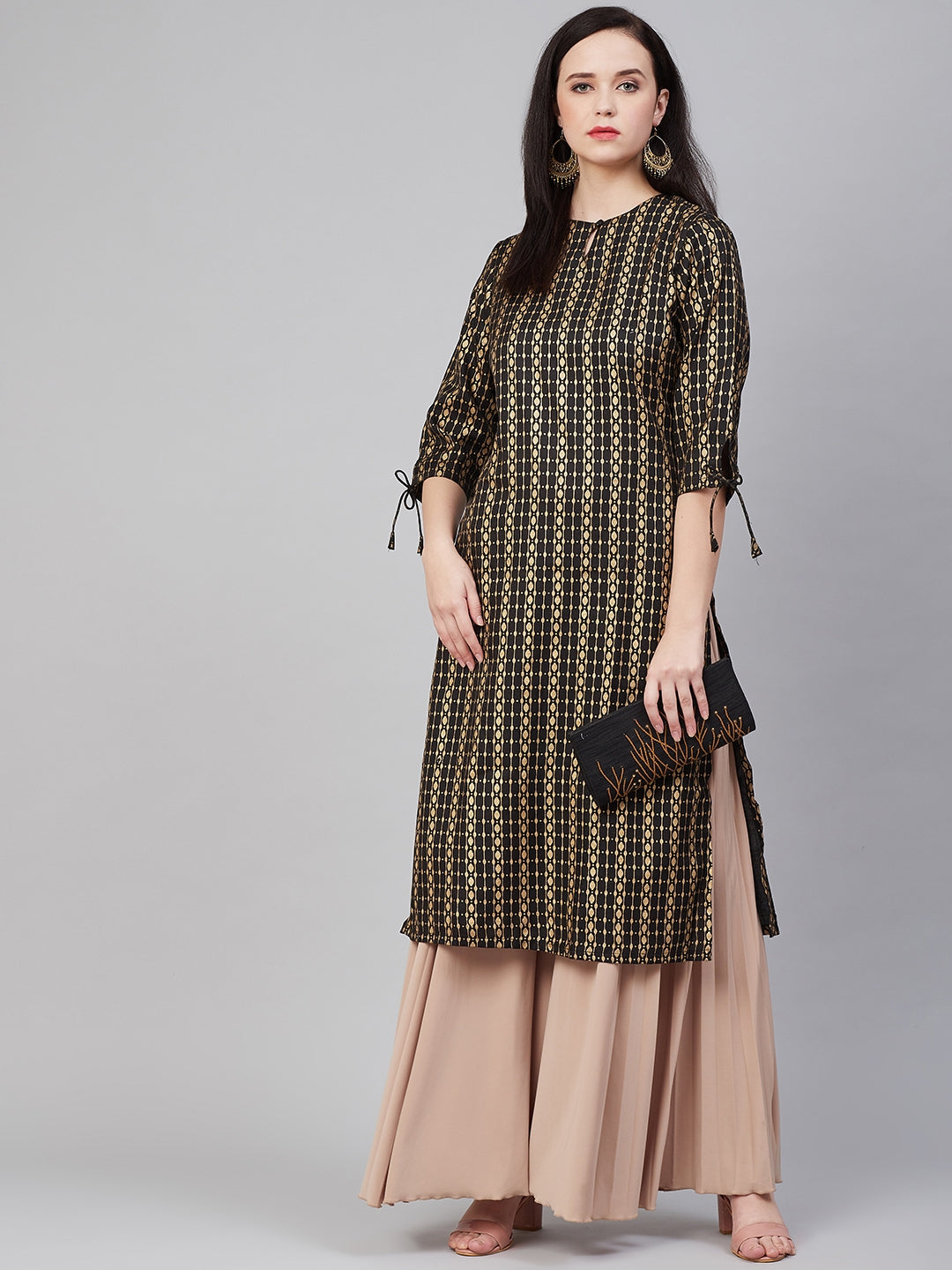 Women's Black & Golden Block Print Straight Kurta