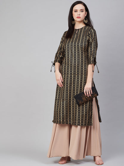 Women's Black & Golden Block Print Straight Kurta