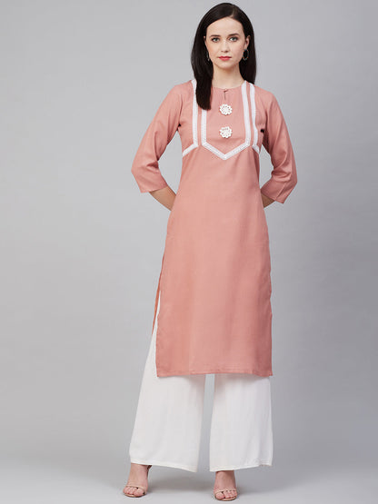 Women's Peach-Coloured & White Lace Detailed Straight Kurta