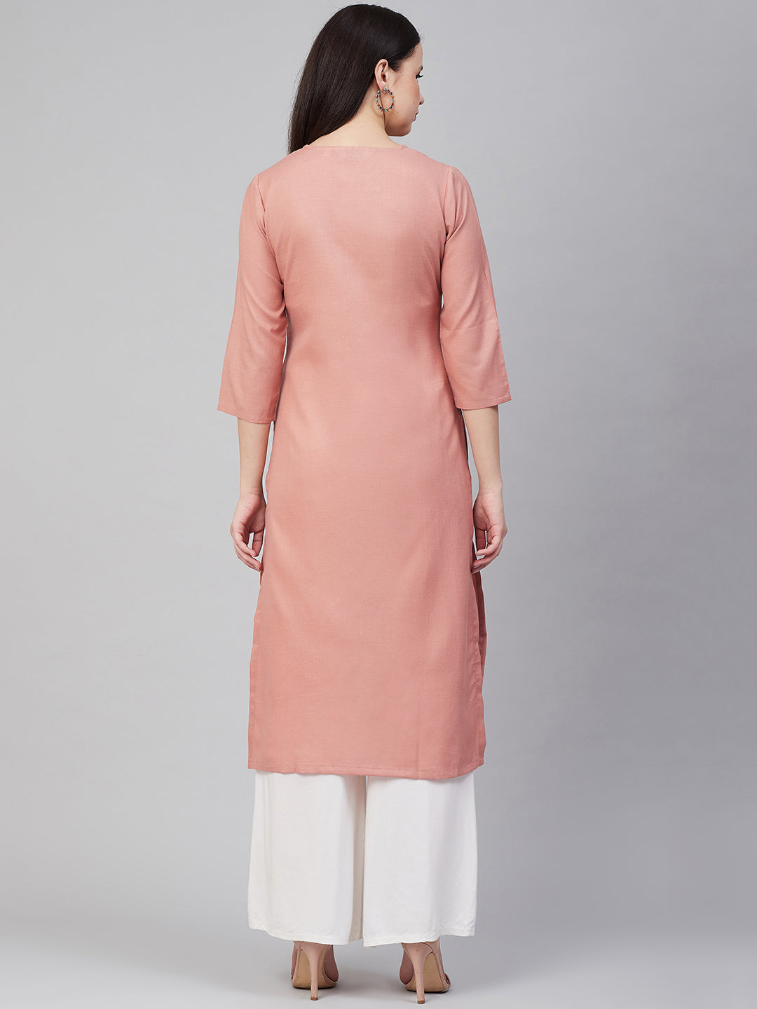 Women's Peach-Coloured & White Lace Detailed Straight Kurta
