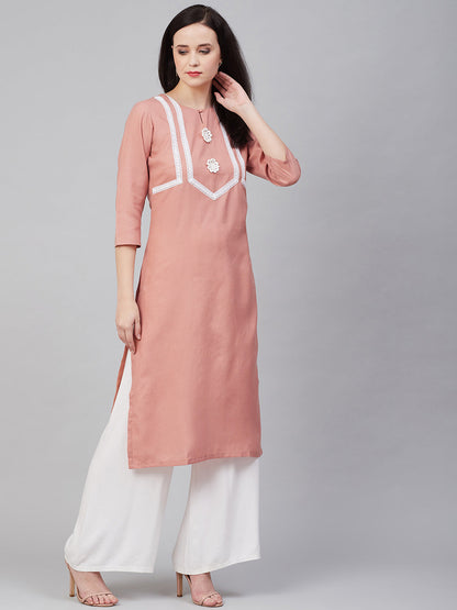 Women's Peach-Coloured & White Lace Detailed Straight Kurta