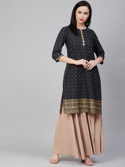 Women's Â Black Golden Block Print Straight Kurta