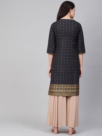 Women's Â Black Golden Block Print Straight Kurta