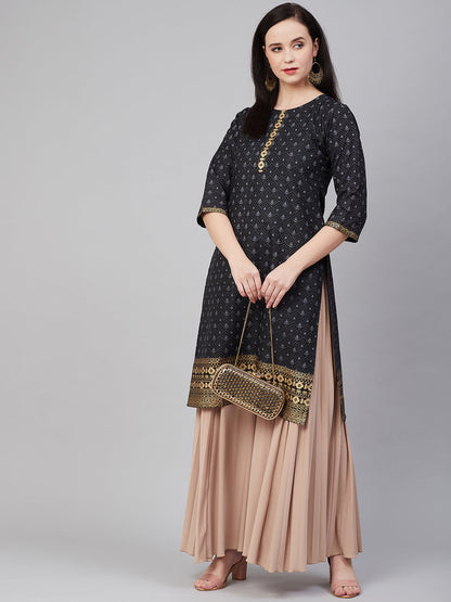 Women's Â Black Golden Block Print Straight Kurta
