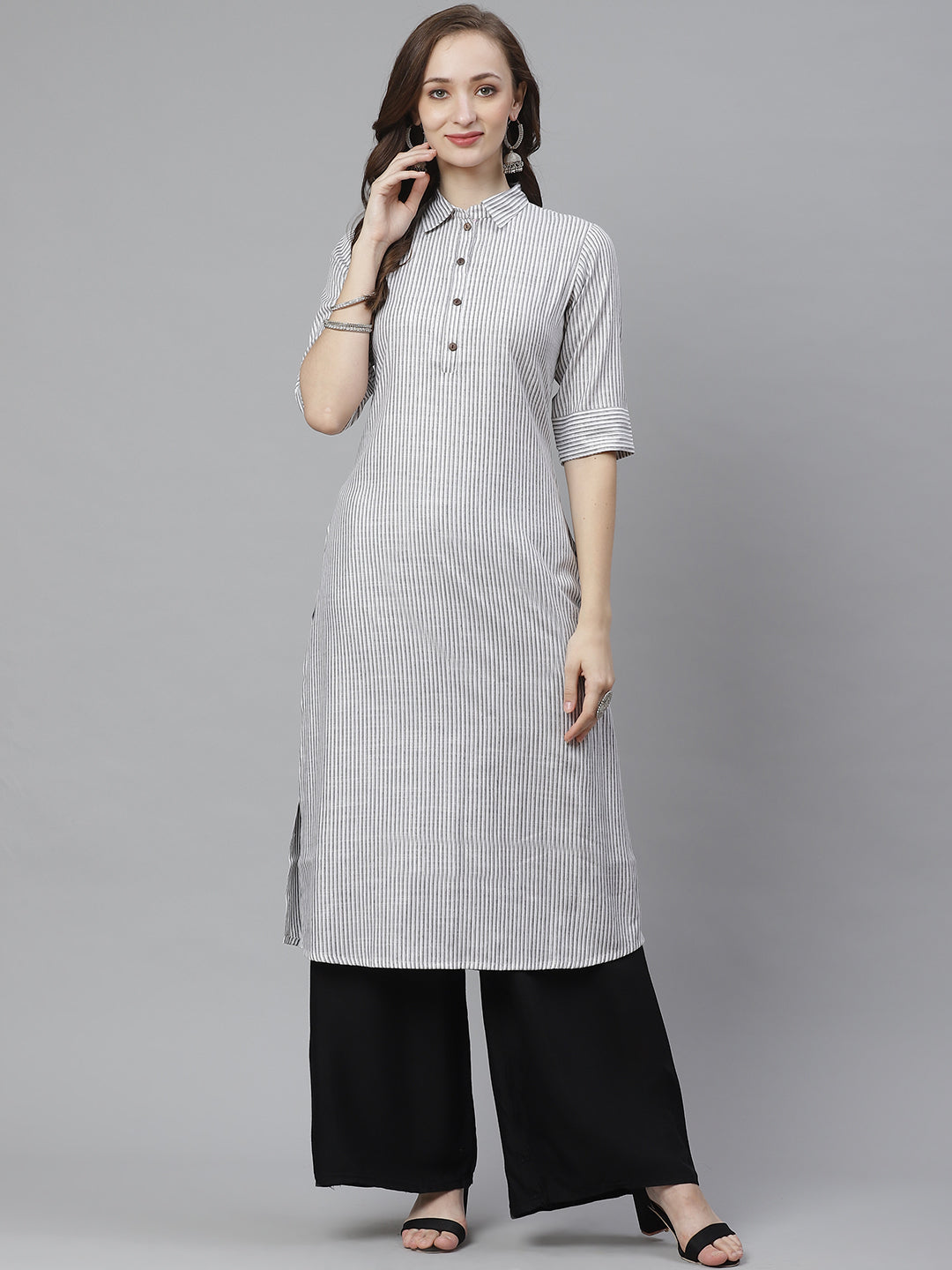 Women's White & Grey Striped Straight Kurta