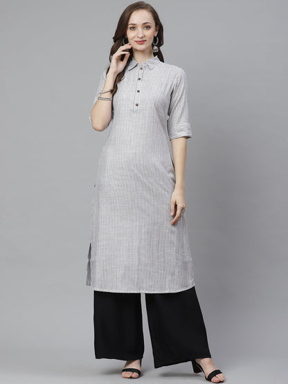 Women's White & Grey Striped Straight Kurta