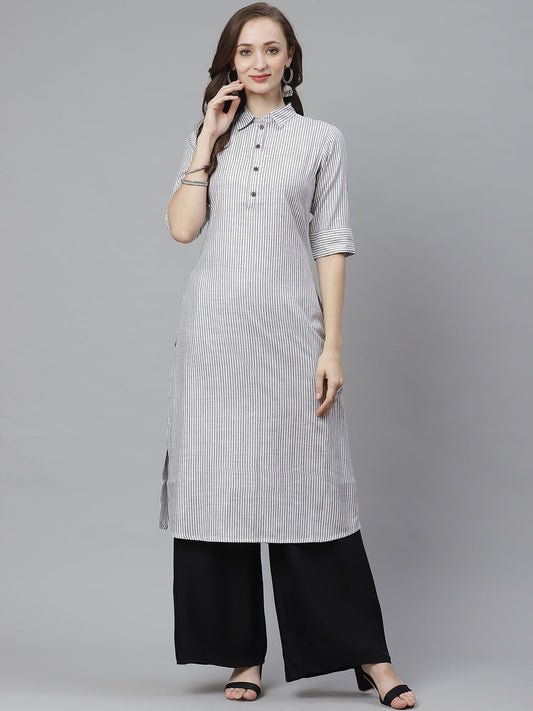 Women's White & Grey Striped Straight Kurta