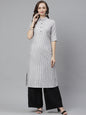 Women's White & Grey Striped Straight Kurta