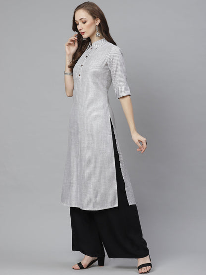 Women's White & Grey Striped Straight Kurta