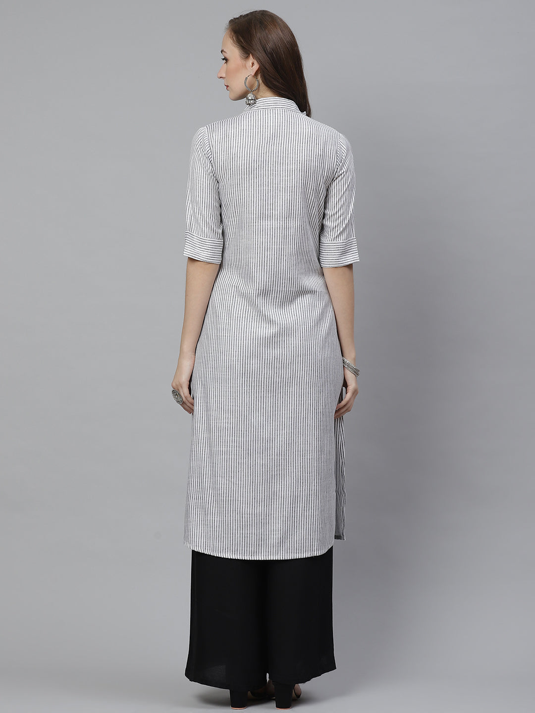 Women's White & Grey Striped Straight Kurta