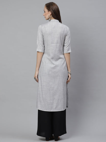Women's White & Grey Striped Straight Kurta
