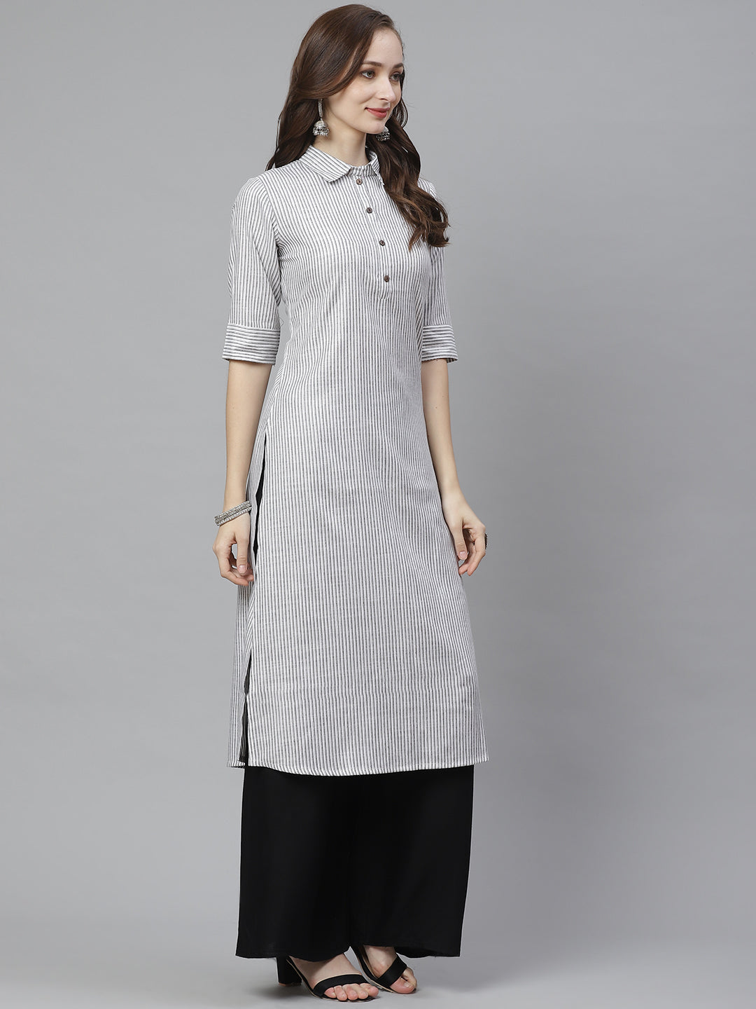Women's White & Grey Striped Straight Kurta