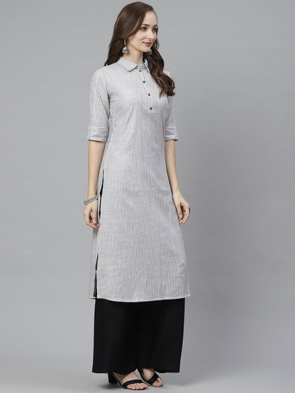 Women's White & Grey Striped Straight Kurta