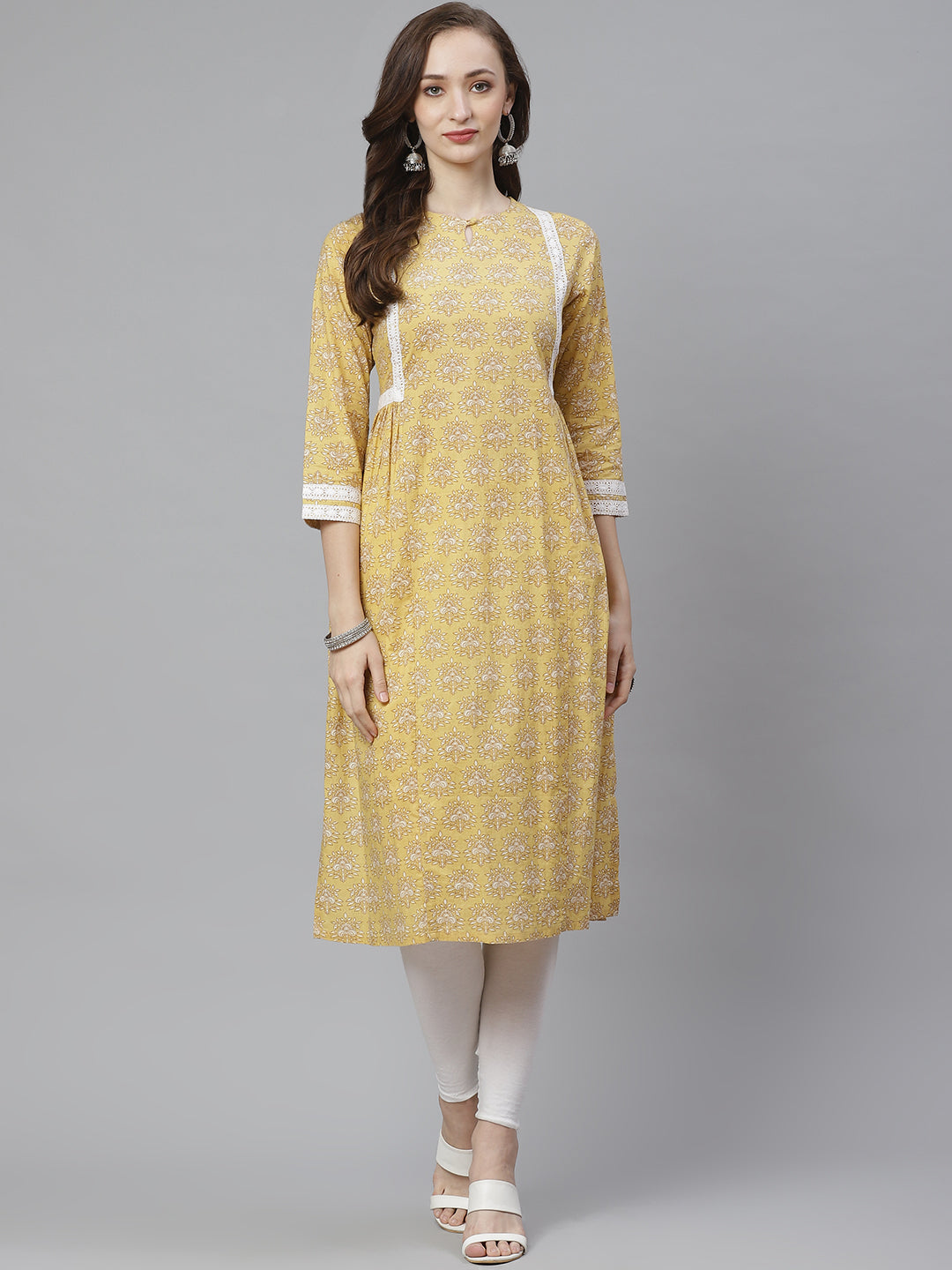 Women's Yellow & Beige Ethnic Print A-Line Kurta