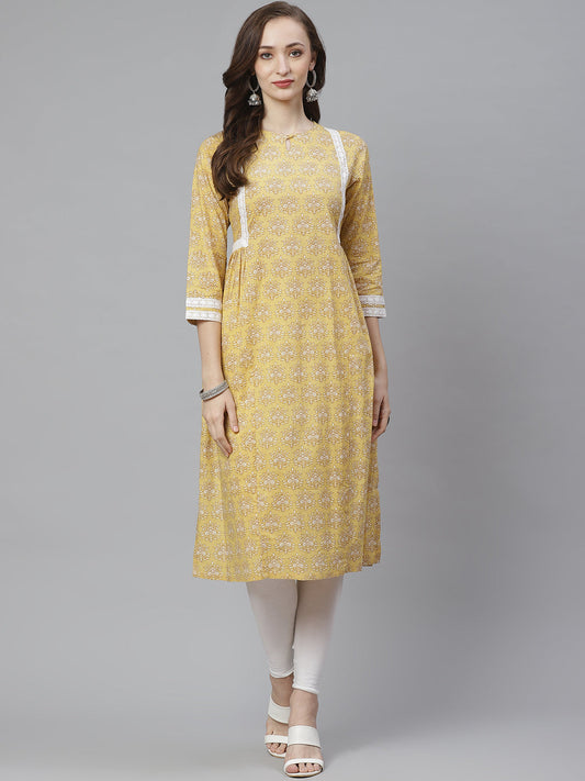 Women's Yellow & Beige Ethnic Print A-Line Kurta