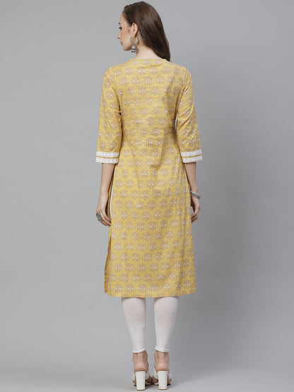 Women's Yellow & Beige Ethnic Print A-Line Kurta