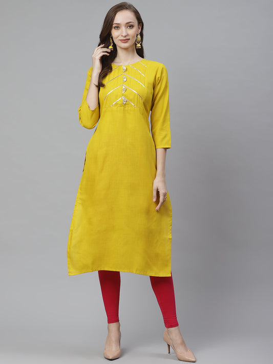 Women's Mustard Yellow Gotta Patti Lace Detailed Yoke Design Straight Kurta