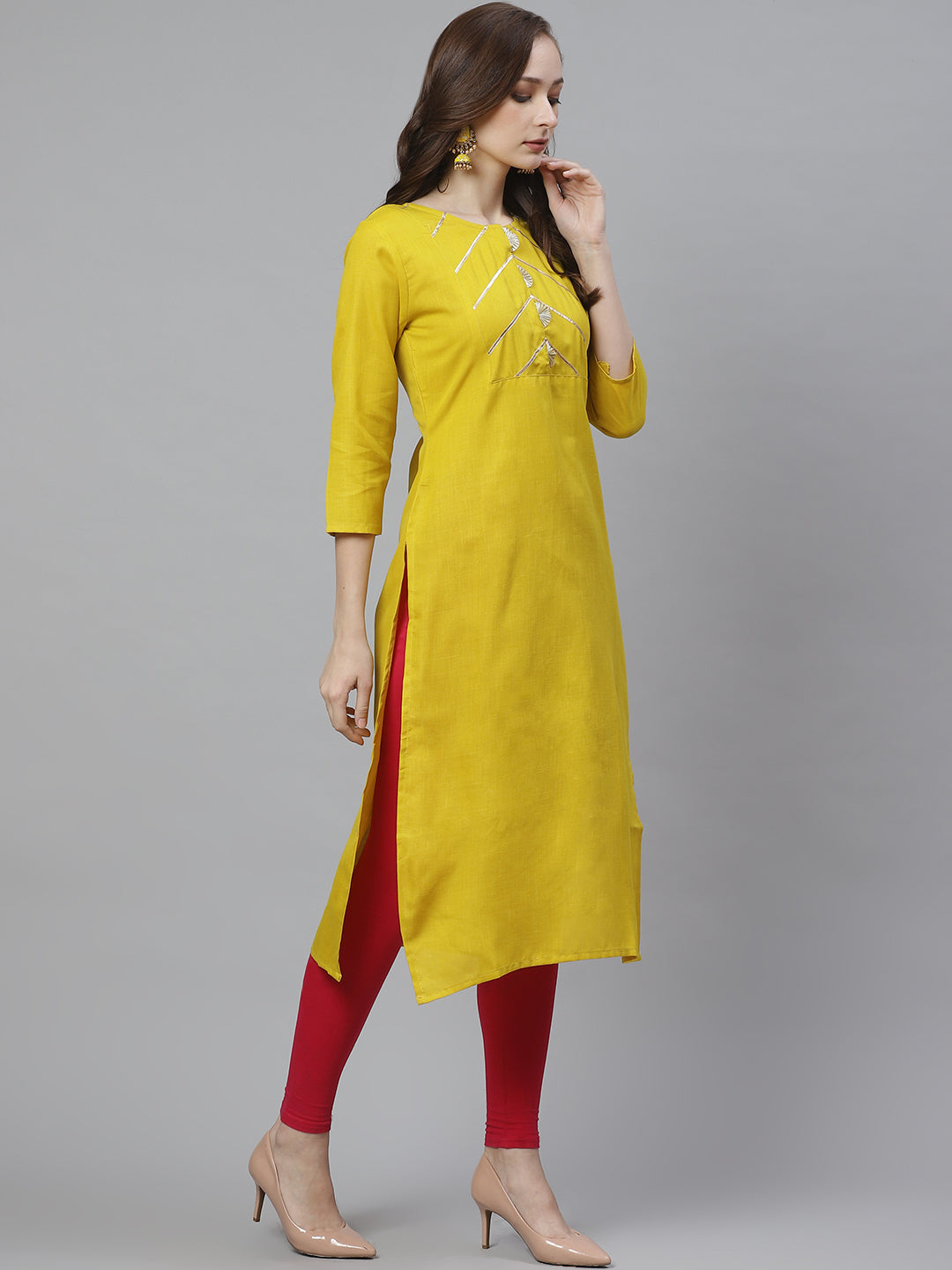 Women's Mustard Yellow Gotta Patti Lace Detailed Yoke Design Straight Kurta