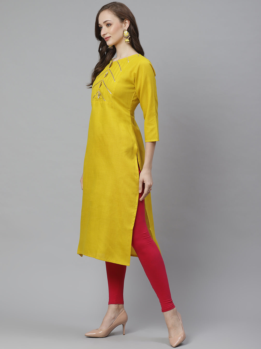 Women's Mustard Yellow Gotta Patti Lace Detailed Yoke Design Straight Kurta