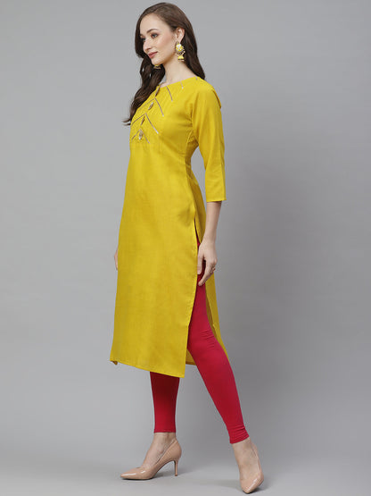 Women's Mustard Yellow Gotta Patti Lace Detailed Yoke Design Straight Kurta