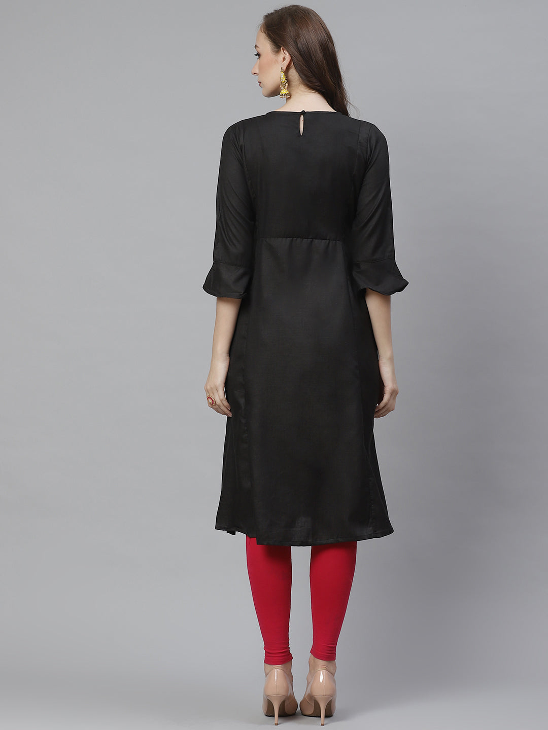 Women's Black Yoke Embroidered A-Line Kurta