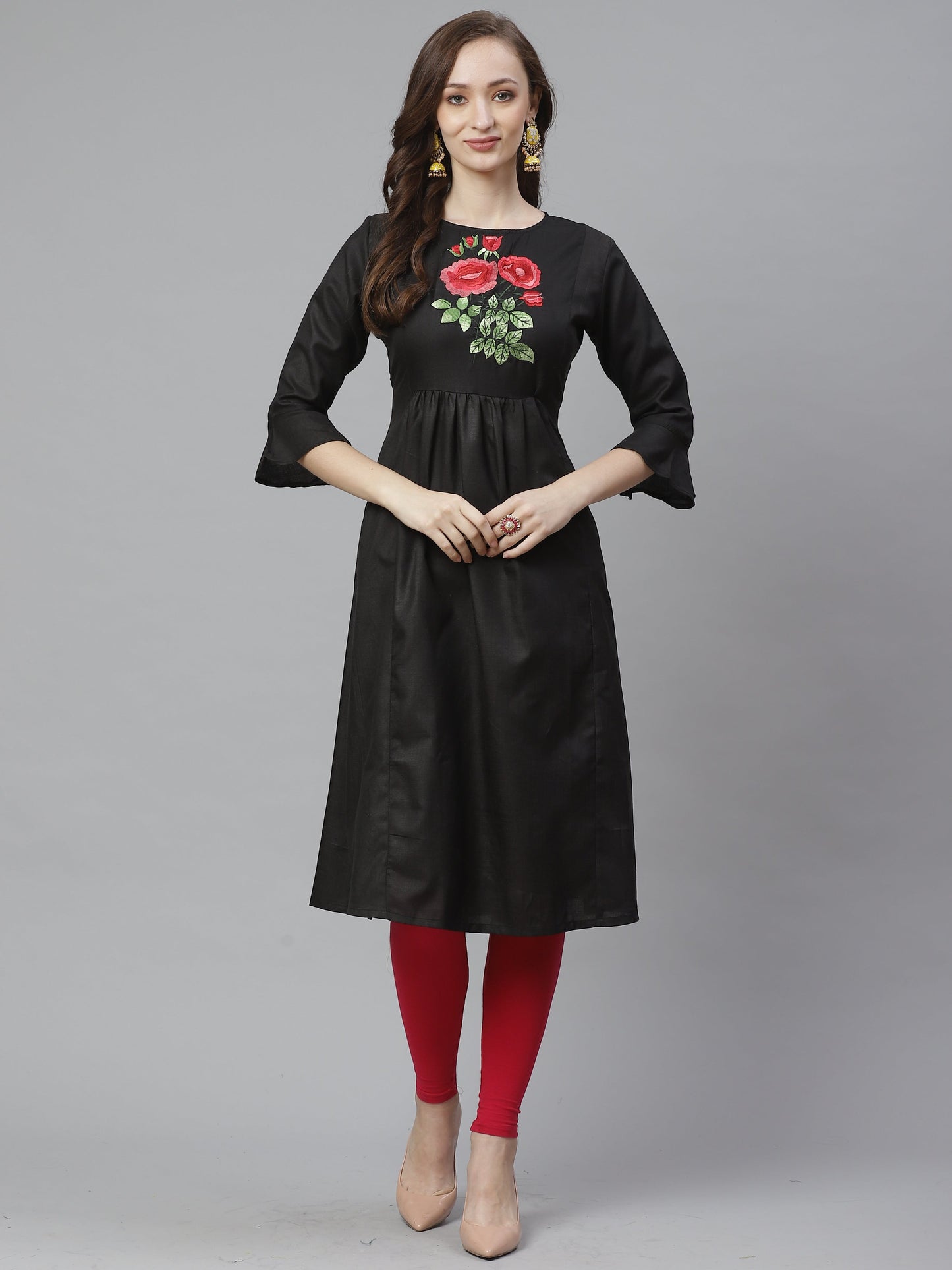 Women's Black Yoke Embroidered A-Line Kurta