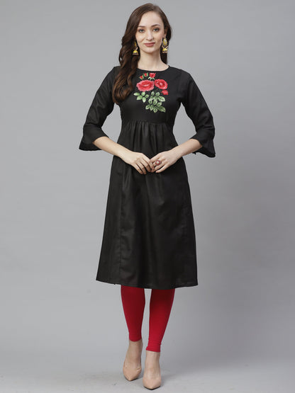 Women's Black Yoke Embroidered A-Line Kurta