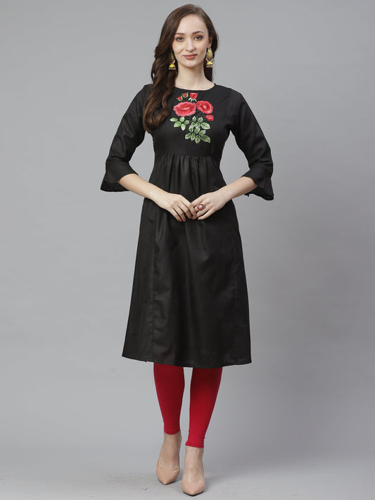 Women's Black Yoke Embroidered A-Line Kurta