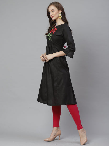 Women's Black Yoke Embroidered A-Line Kurta