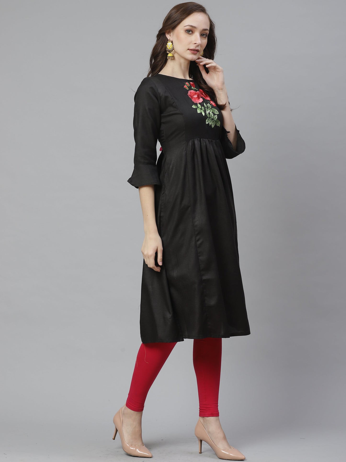Women's Black Yoke Embroidered A-Line Kurta