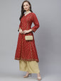Women's Maroon And Golden Quirky Block Printed A-Line Kurta