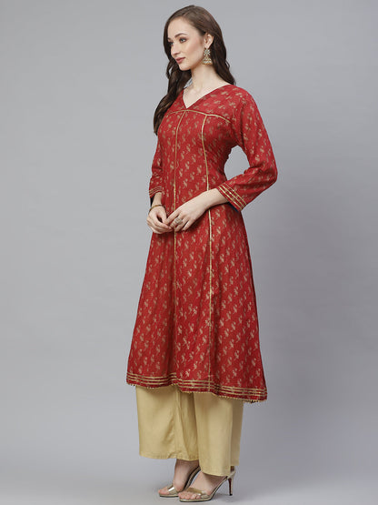 Women's Maroon And Golden Quirky Block Printed A-Line Kurta
