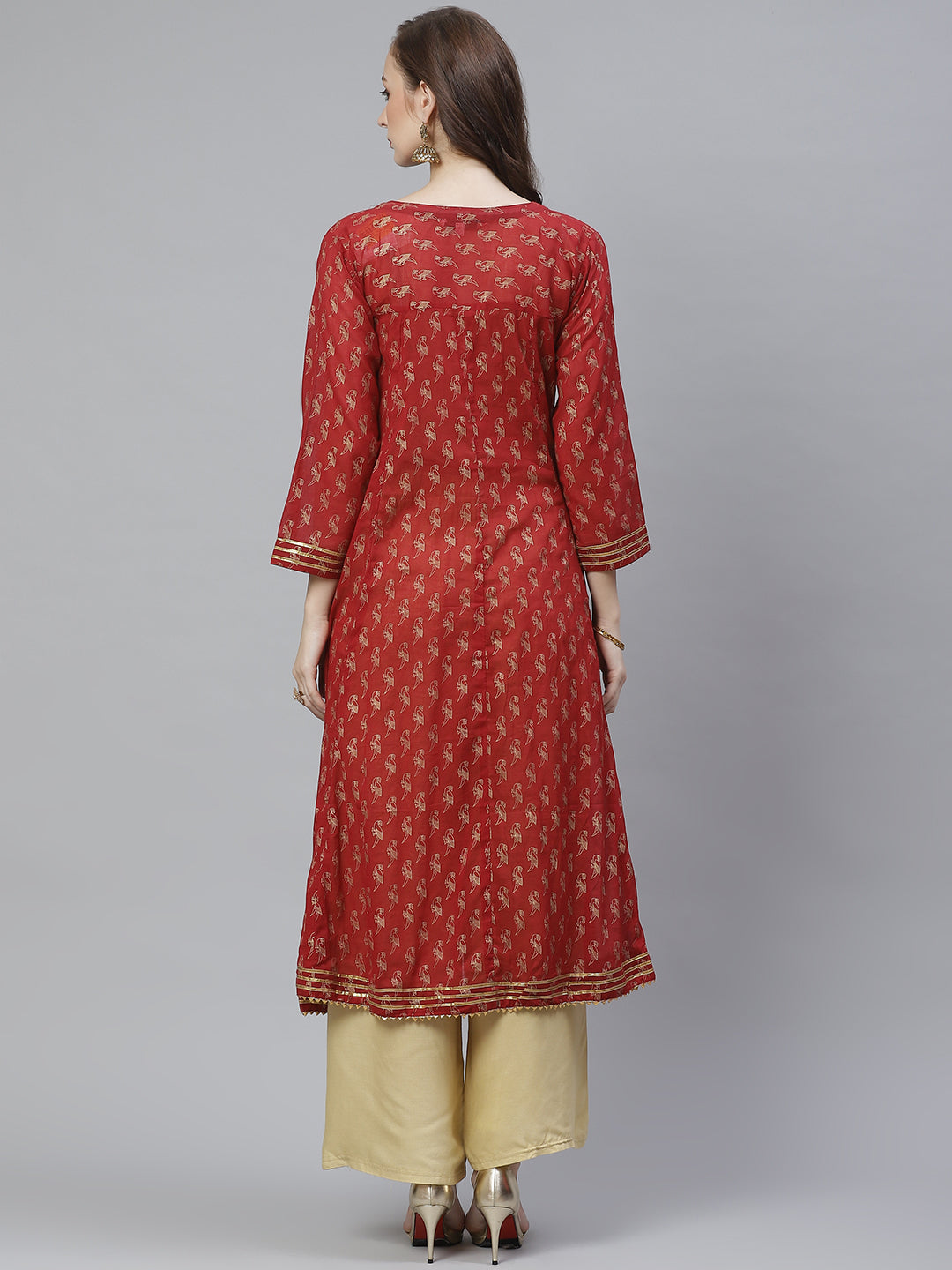 Women's Maroon And Golden Quirky Block Printed A-Line Kurta