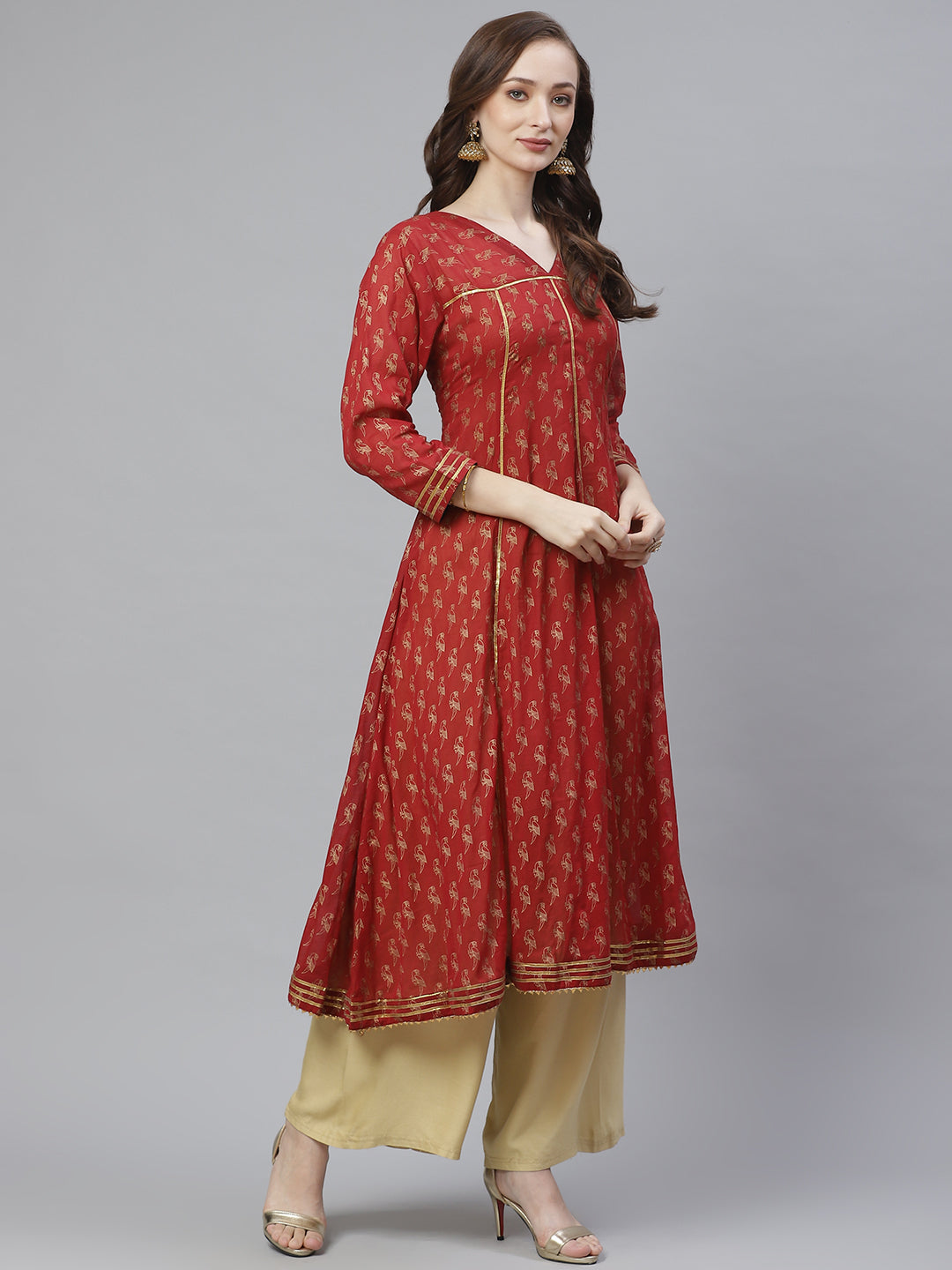Women's Maroon And Golden Quirky Block Printed A-Line Kurta