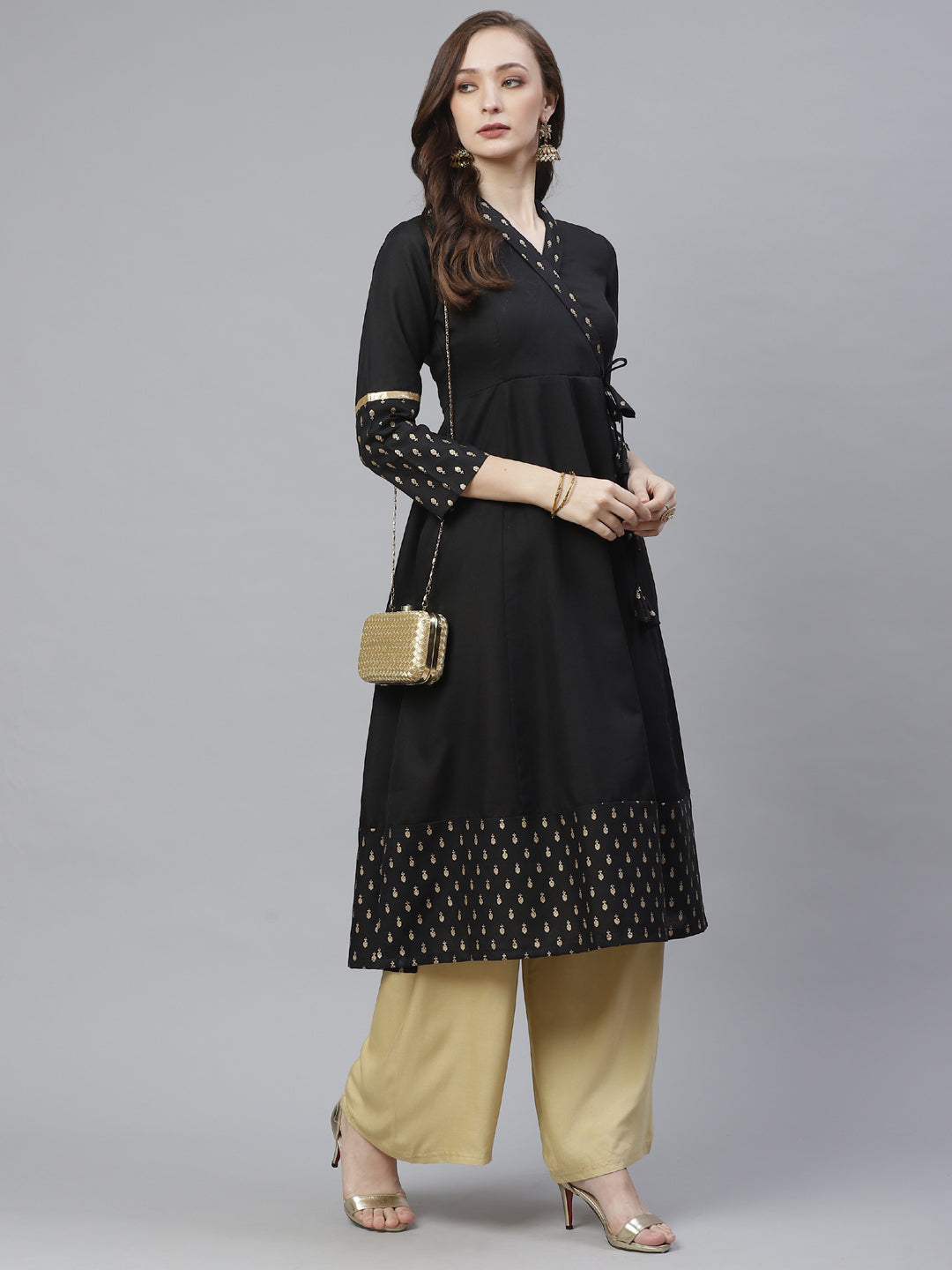 Women's Black & Gold-Toned Ethnic Printed Anarkali Kurta
